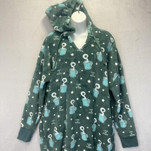 Life Is Good Fleece Hooded Nightgown Womens Medium M Green Mug Coffee Pockets - Picture 3 of 14